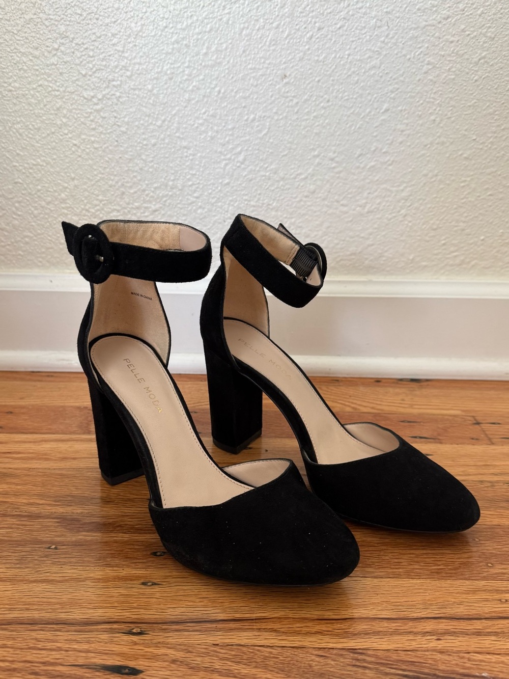 Pelle Moda Black Suede Ankle-Strap Block Heel Pumps
